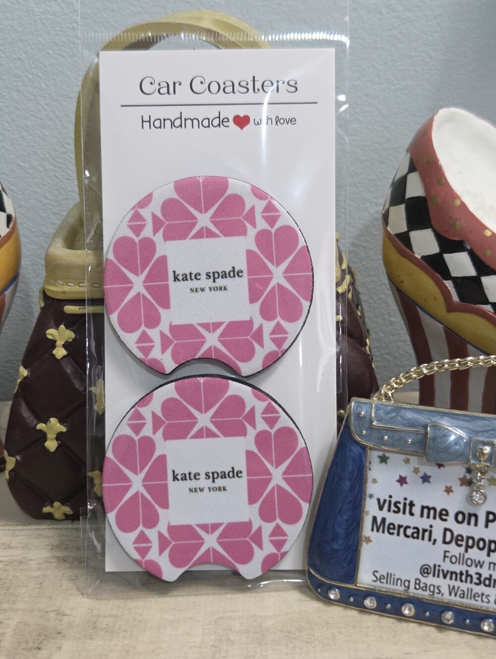 Handmade Pink Floral Ace Print Car Coasters Set (2pc) NEW